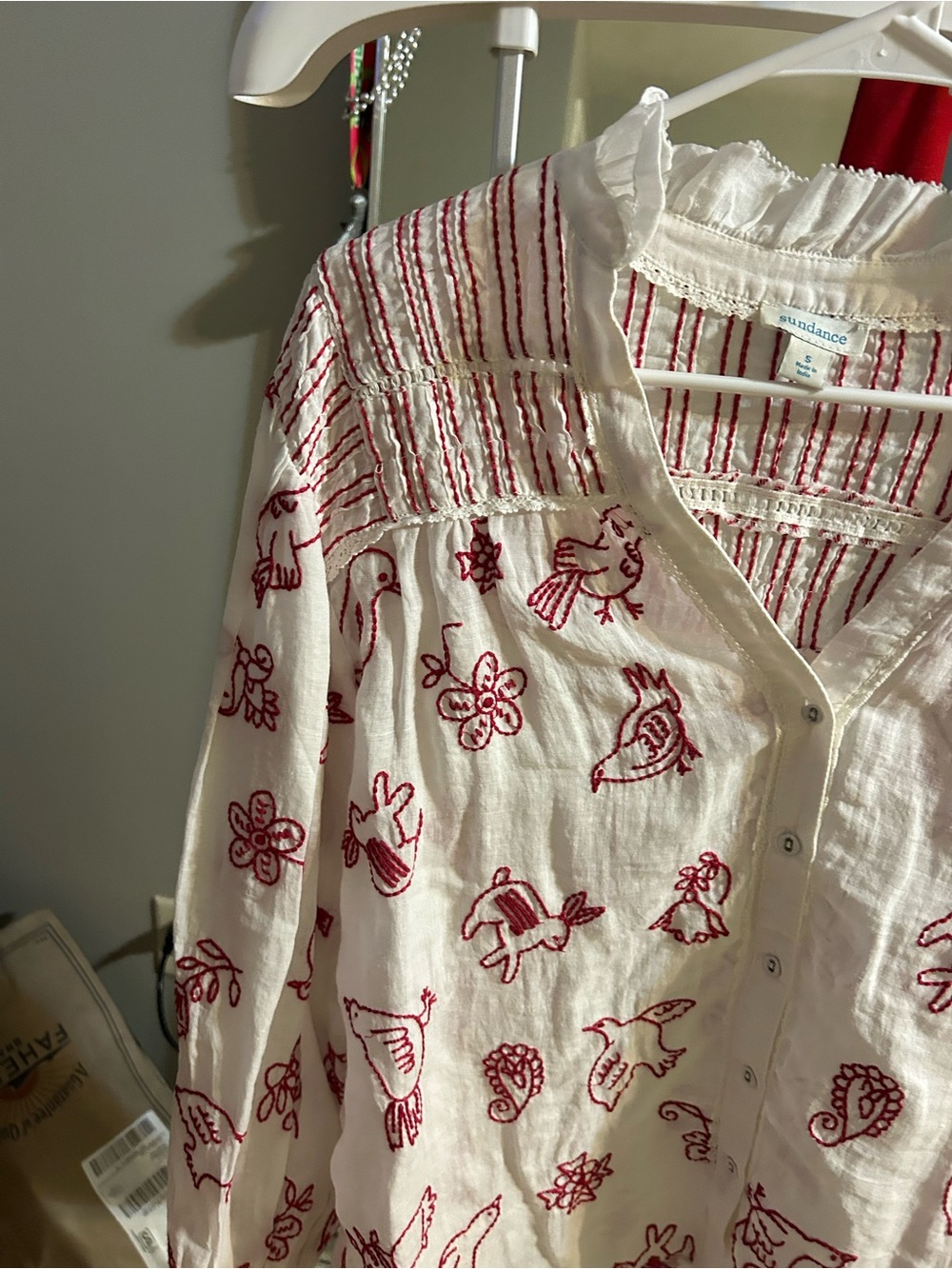 Sundance White Cotton Button-Front Shirt with Red Embroidered Motifs